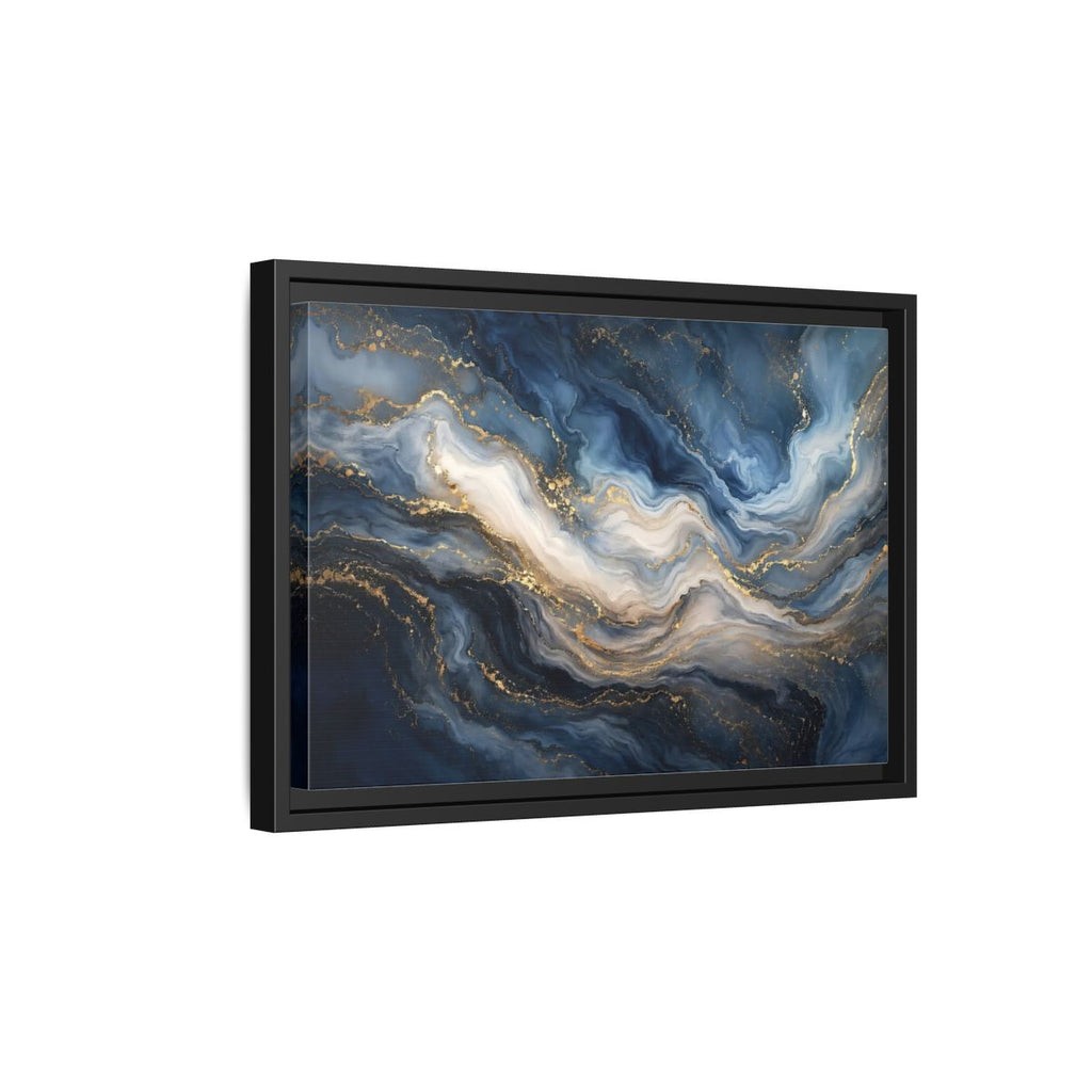 Side Mockup 6. Abstract Marble Texture Blue And Gold shown as stretched canvas wall art
