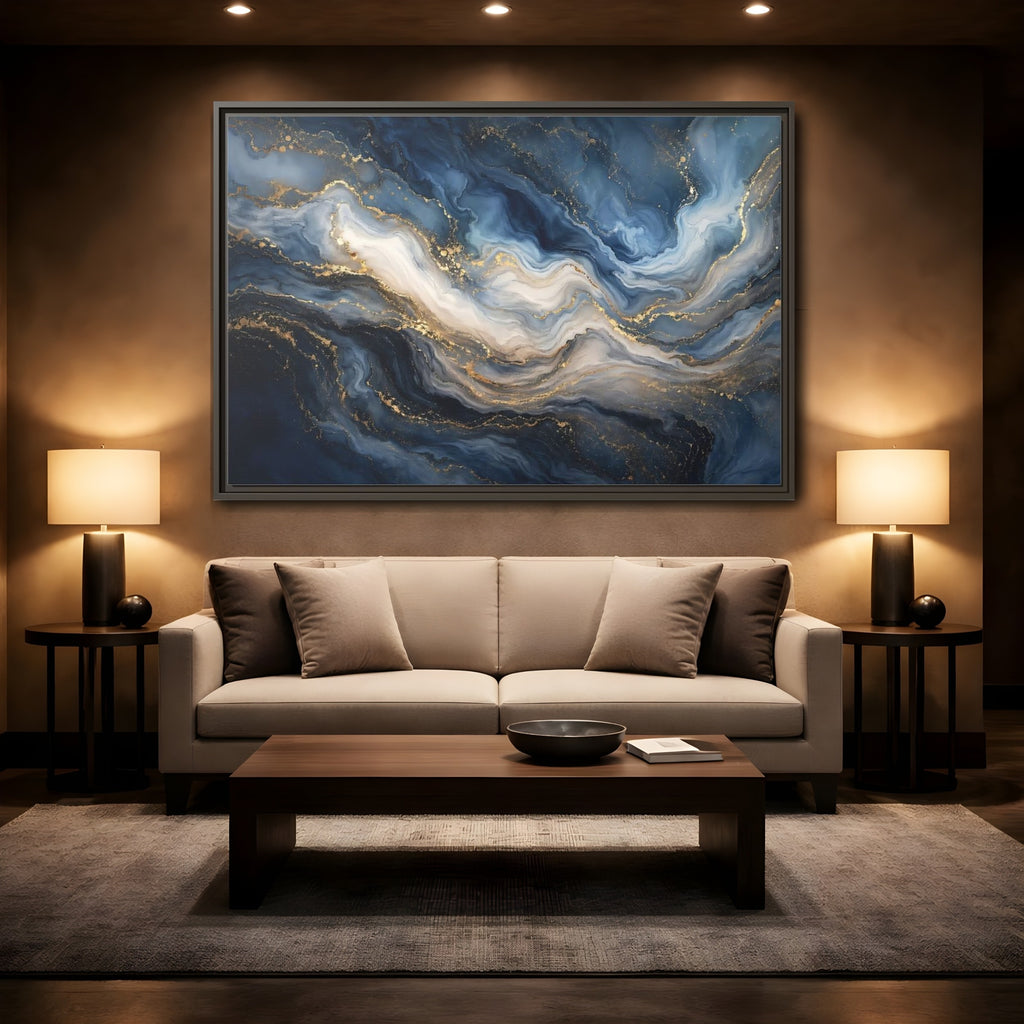 Mockup 2. Abstract Marble Texture Blue And Gold shown as stretched canvas wall art