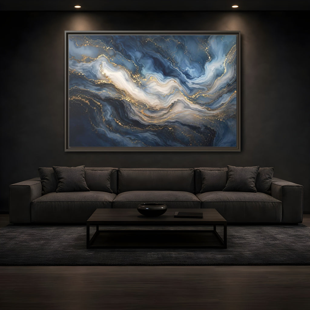 Mockup 3. Abstract Marble Texture Blue And Gold shown as stretched canvas wall art