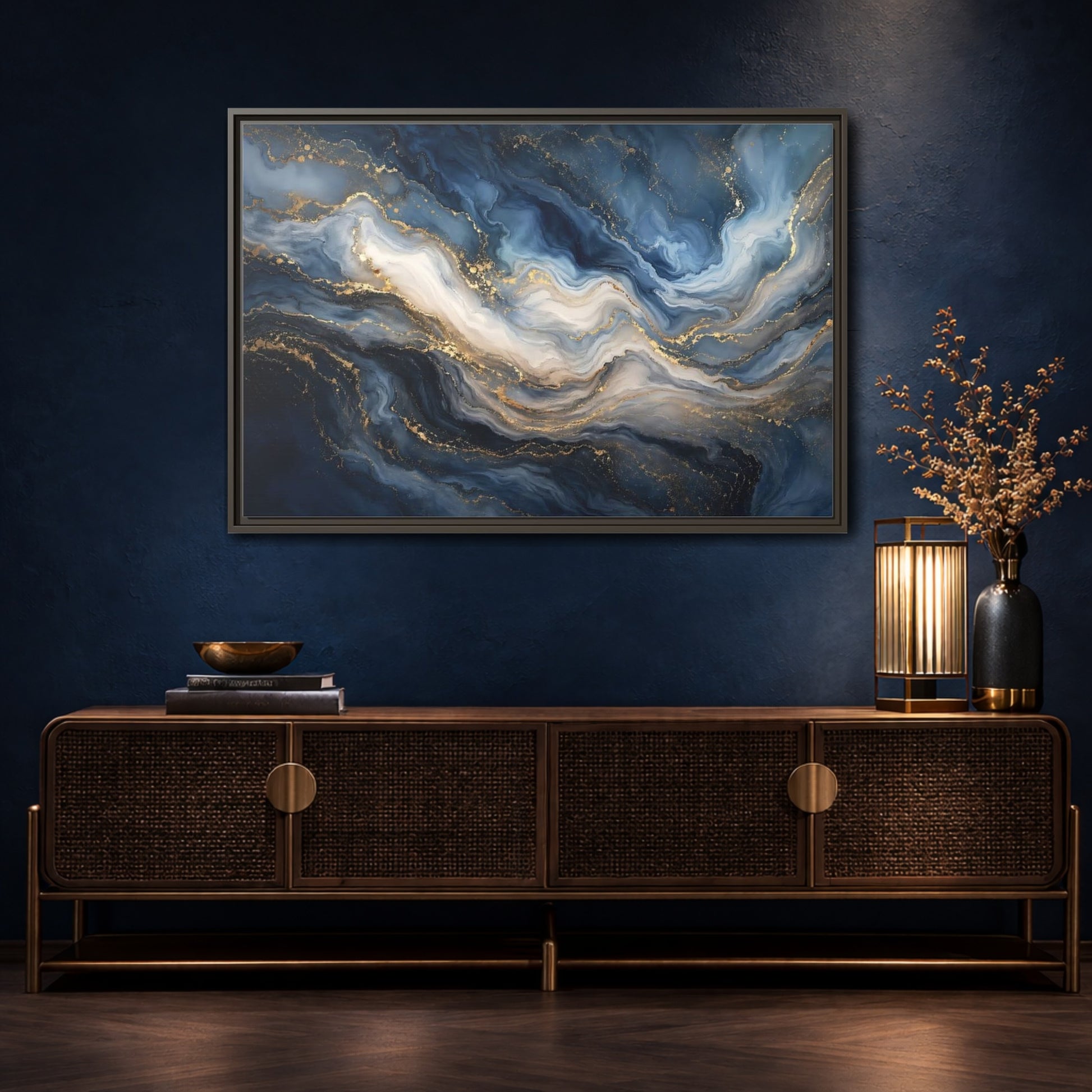 Mockup 4. Abstract Marble Texture Blue And Gold shown as stretched canvas wall art