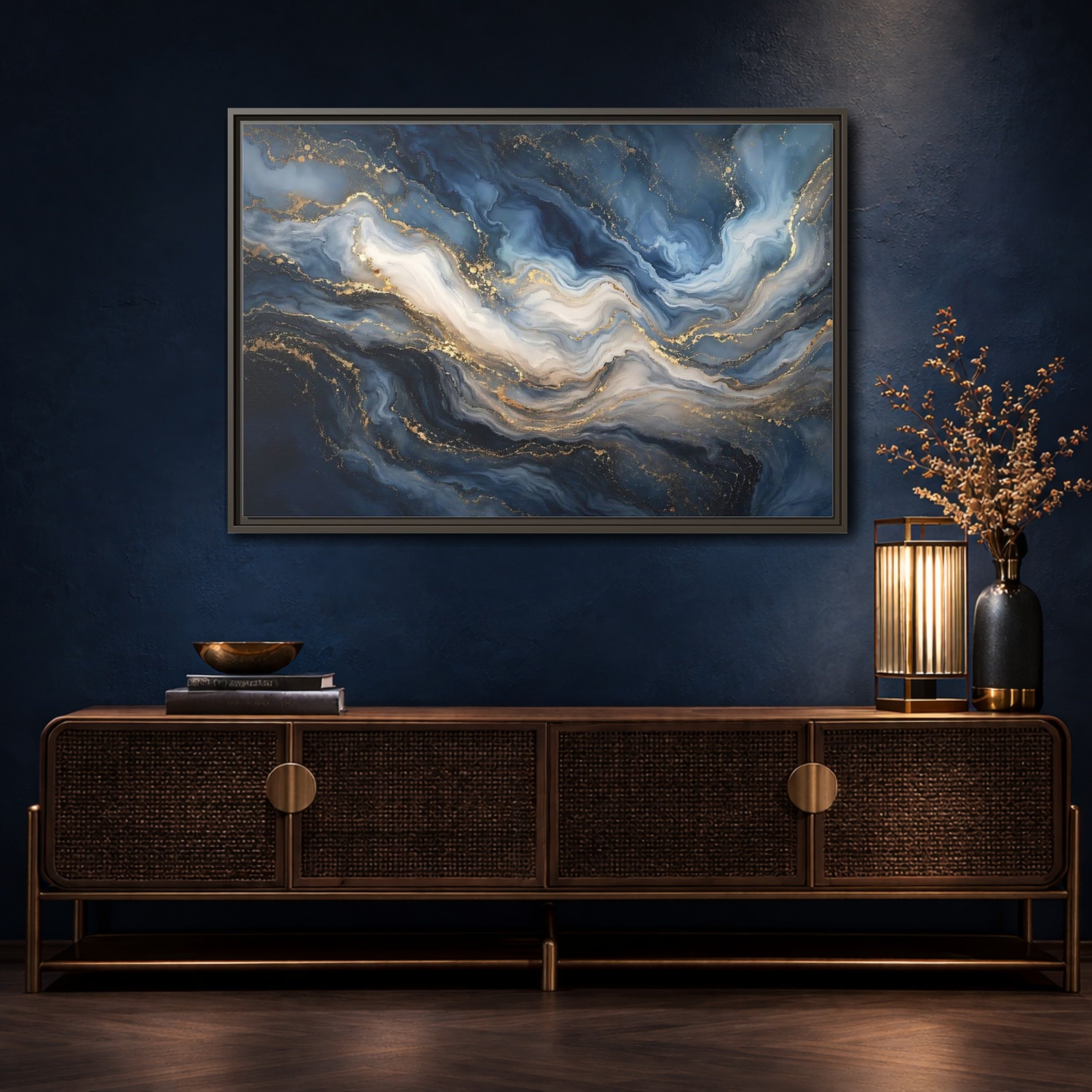 Mockup 4. Abstract Marble Texture Blue And Gold shown as stretched canvas wall art