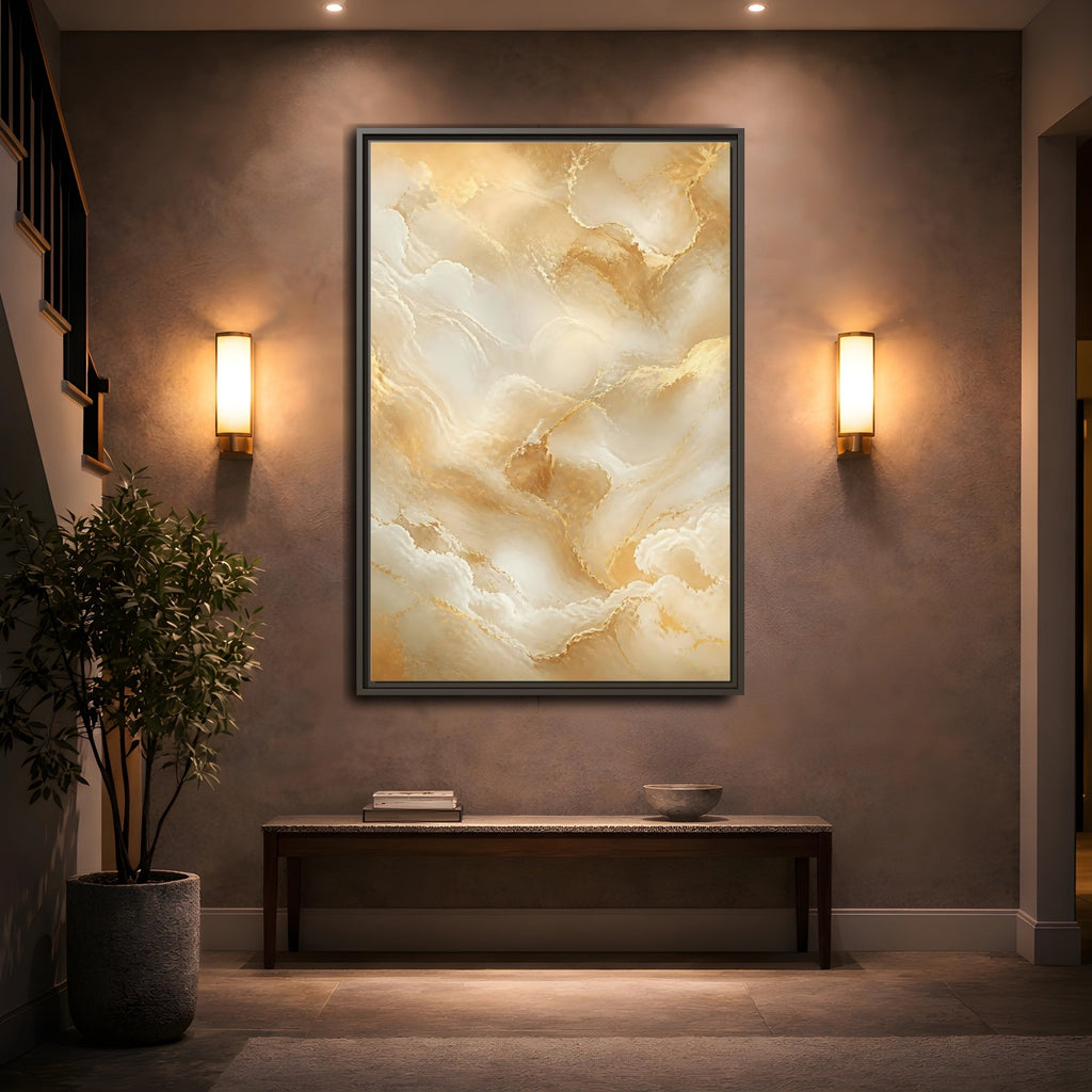 Mockup 2. Abstract Marble Texture Gold And White Marble shown as stretched canvas wall art