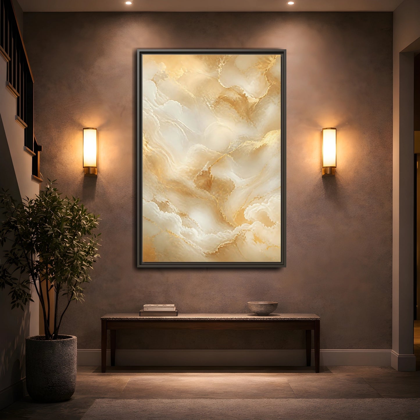 Mockup 2. Abstract Marble Texture Gold And White Marble shown as stretched canvas wall art