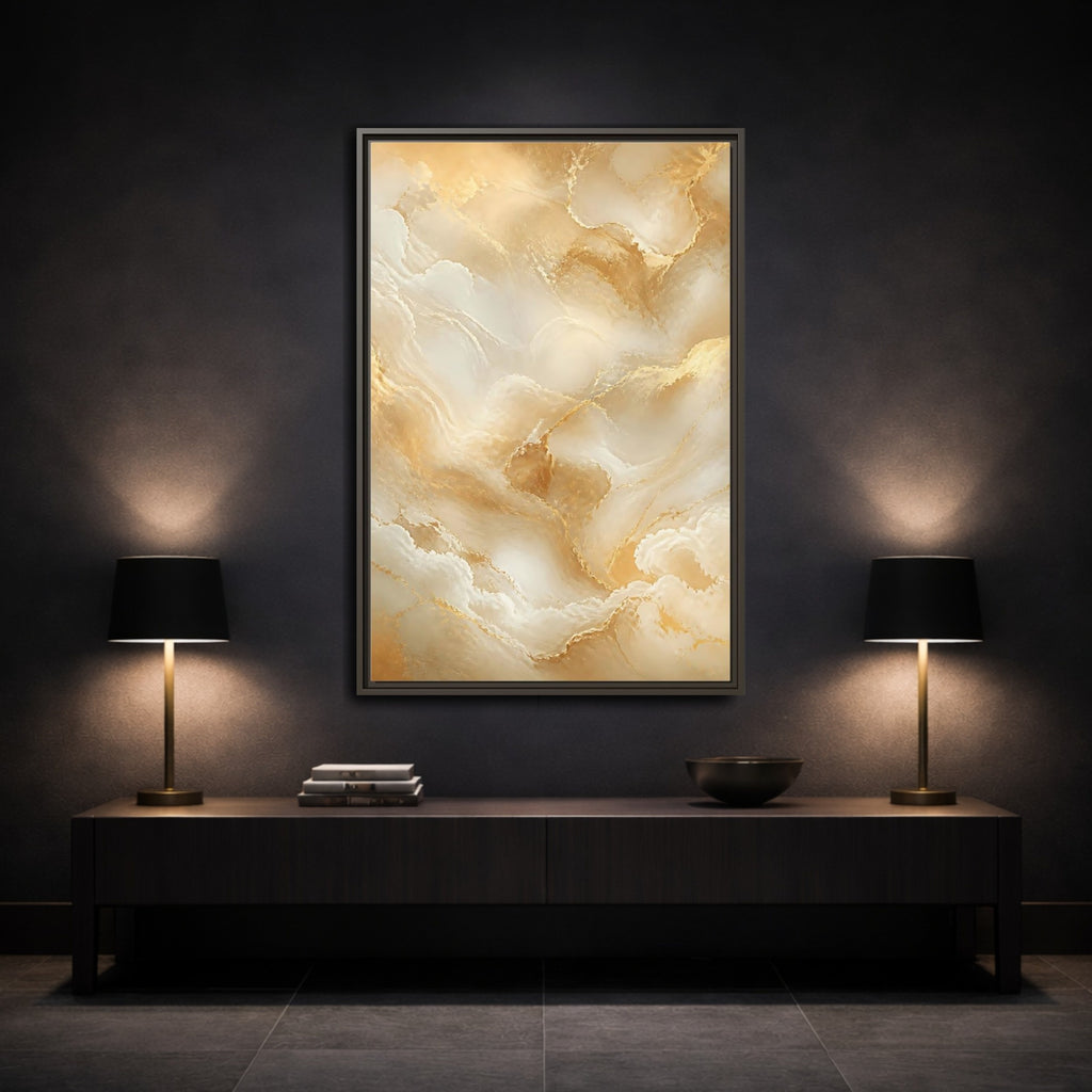 Mockup 3. Abstract Marble Texture Gold And White Marble shown as stretched canvas wall art