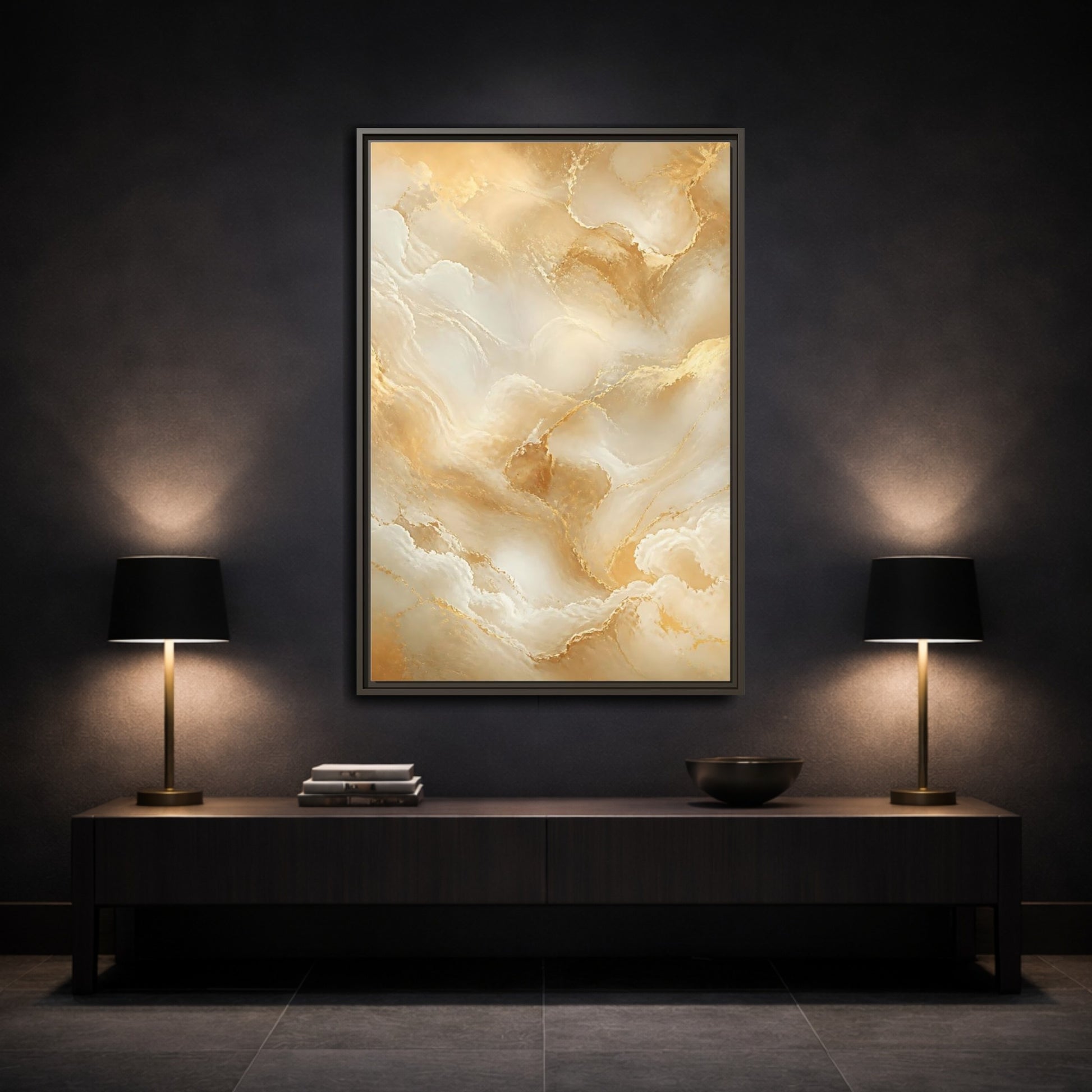 Mockup 3. Abstract Marble Texture Gold And White Marble shown as stretched canvas wall art