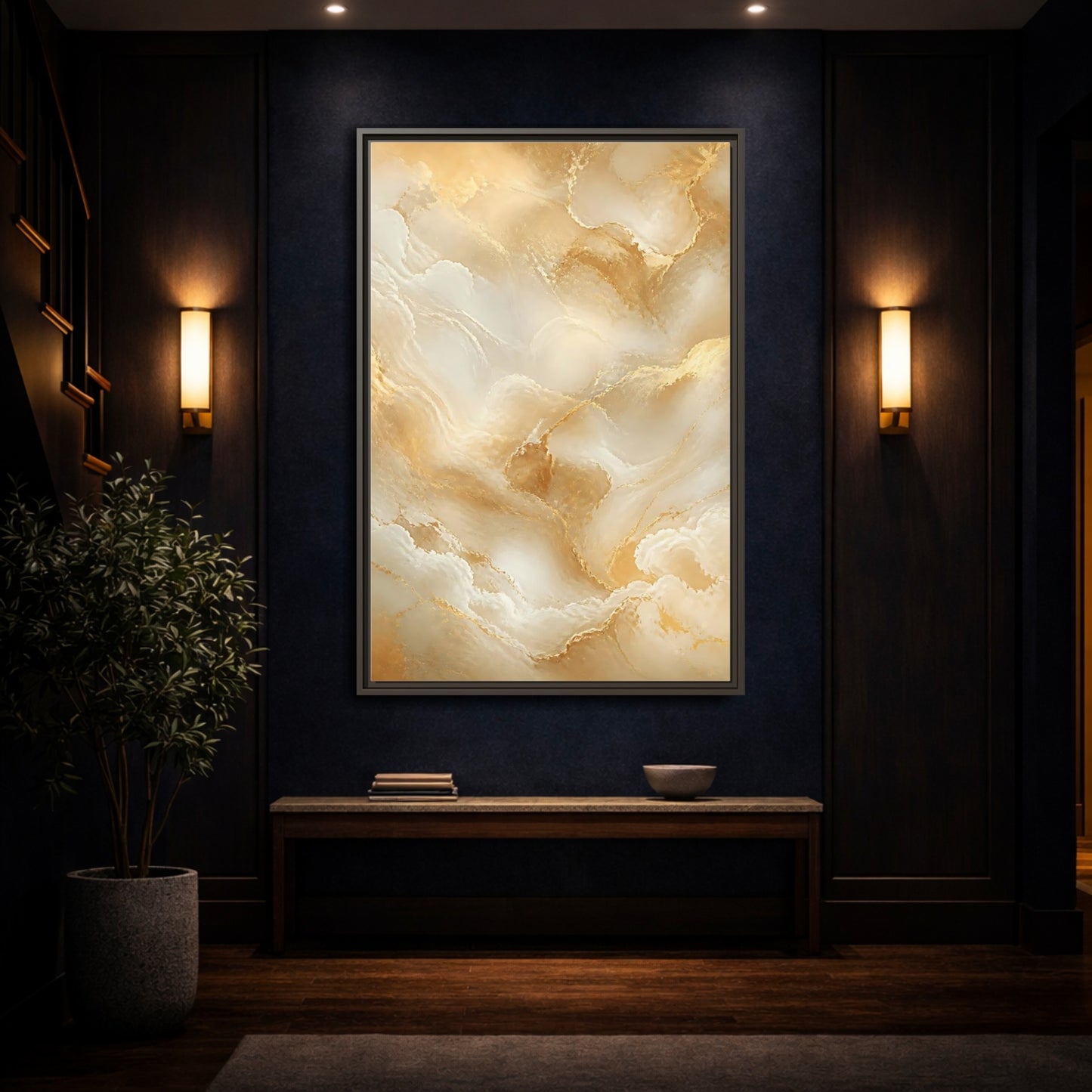 Mockup 4. Abstract Marble Texture Gold And White Marble shown as stretched canvas wall art
