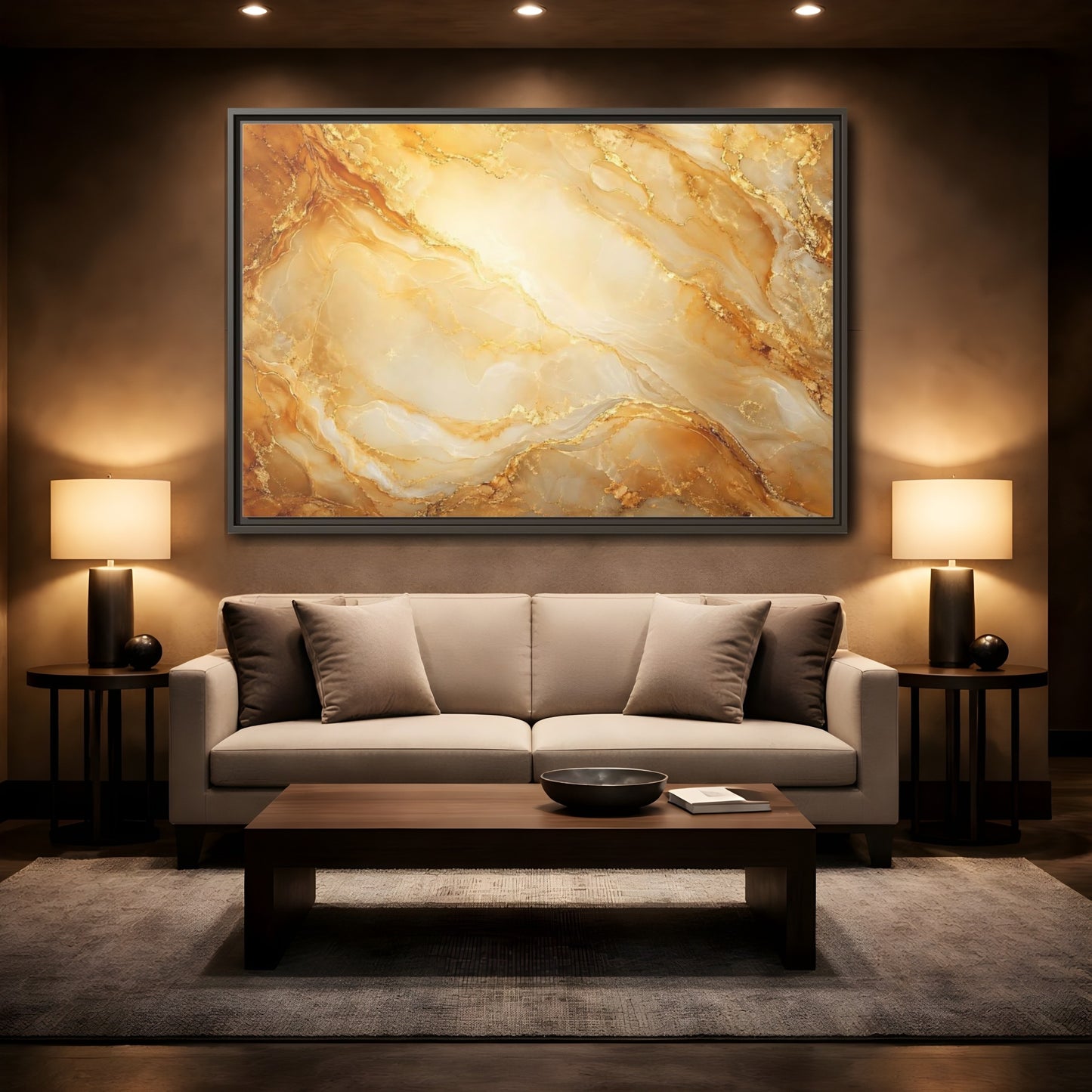 Mockup 2. Abstract Marble Texture Gold Marble shown as stretched canvas wall art