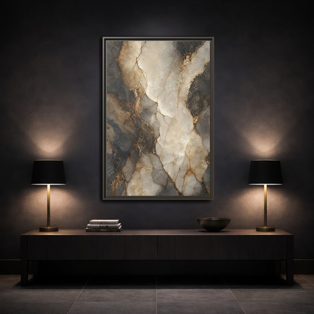 Mockup 3. Abstract Marble Texture Gold Marble shown as stretched canvas wall art