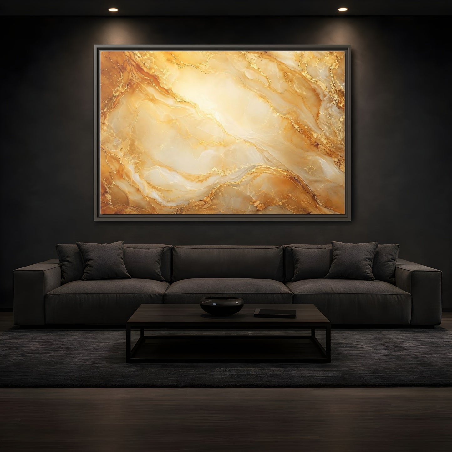 Mockup 3. Abstract Marble Texture Gold Marble shown as stretched canvas wall art
