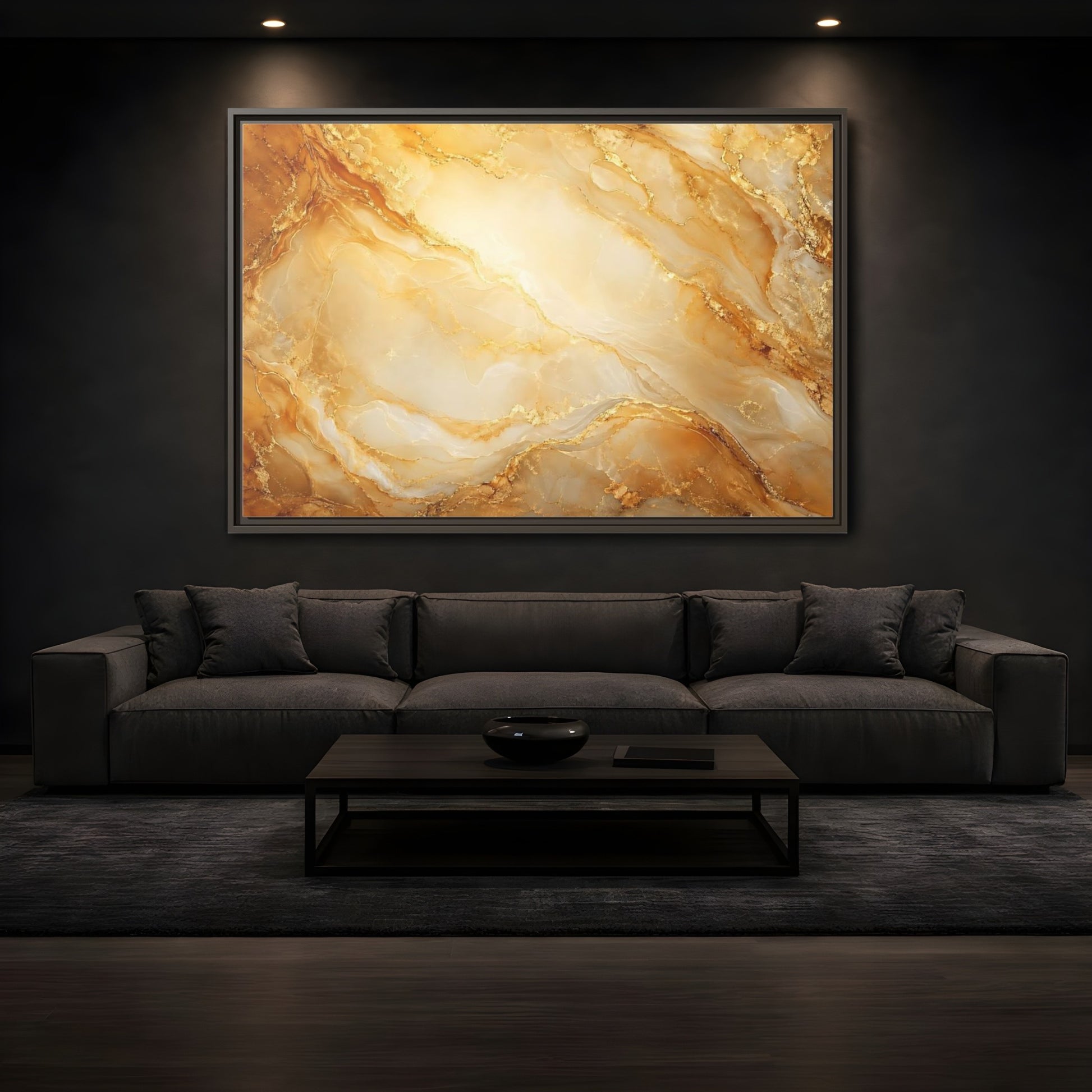 Mockup 3. Abstract Marble Texture Gold Marble shown as stretched canvas wall art