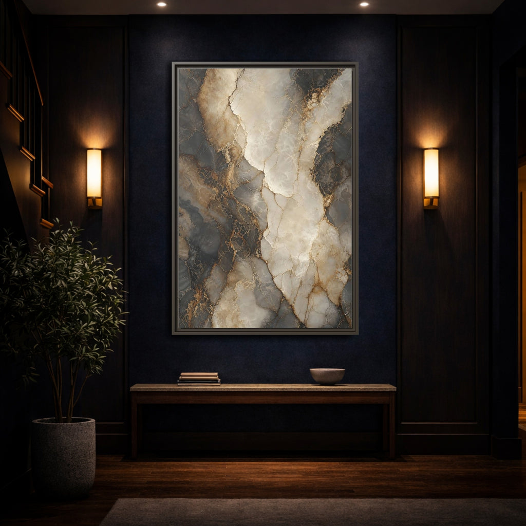 Mockup 4. Abstract Marble Texture Gold Marble shown as stretched canvas wall art