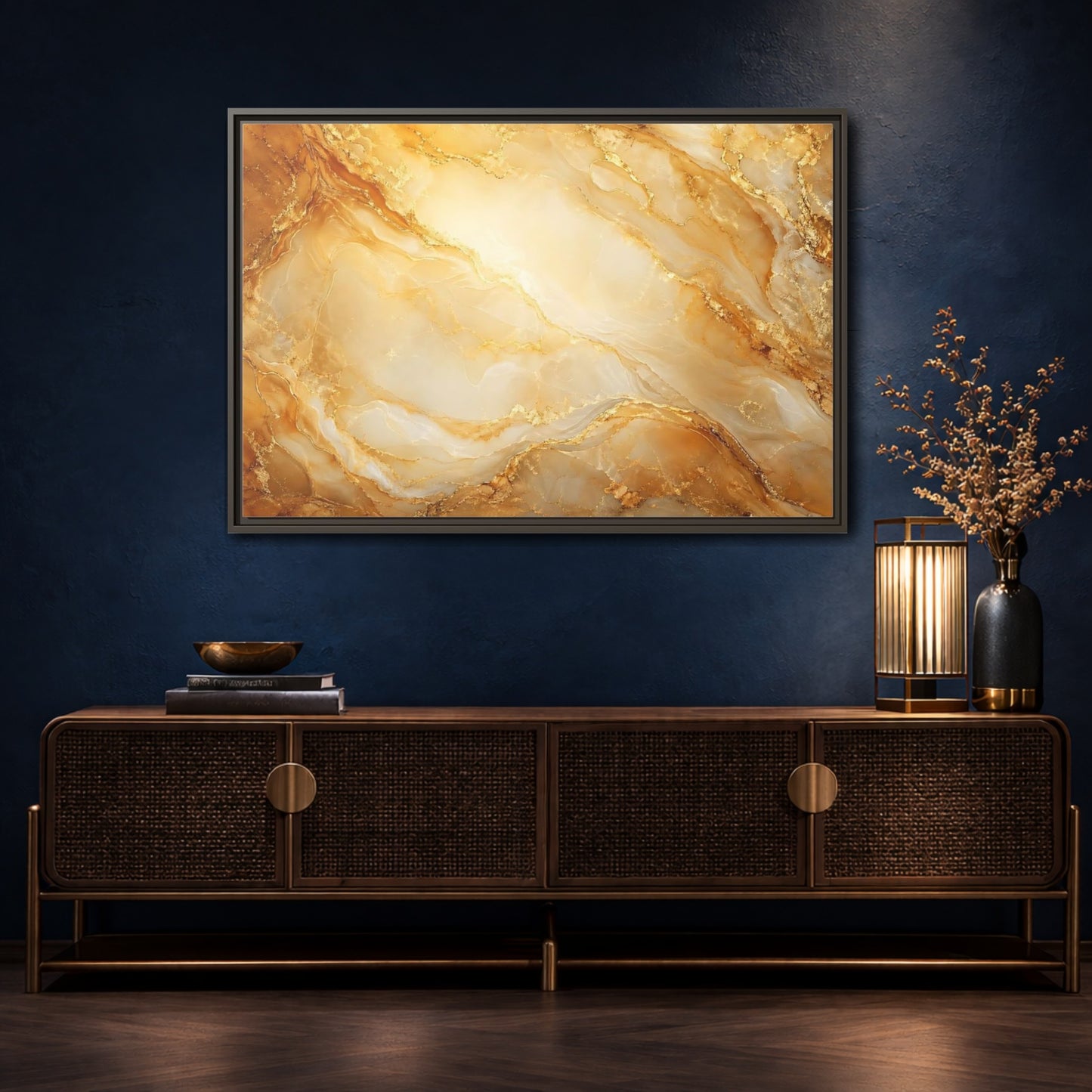 Mockup 4. Abstract Marble Texture Gold Marble shown as stretched canvas wall art