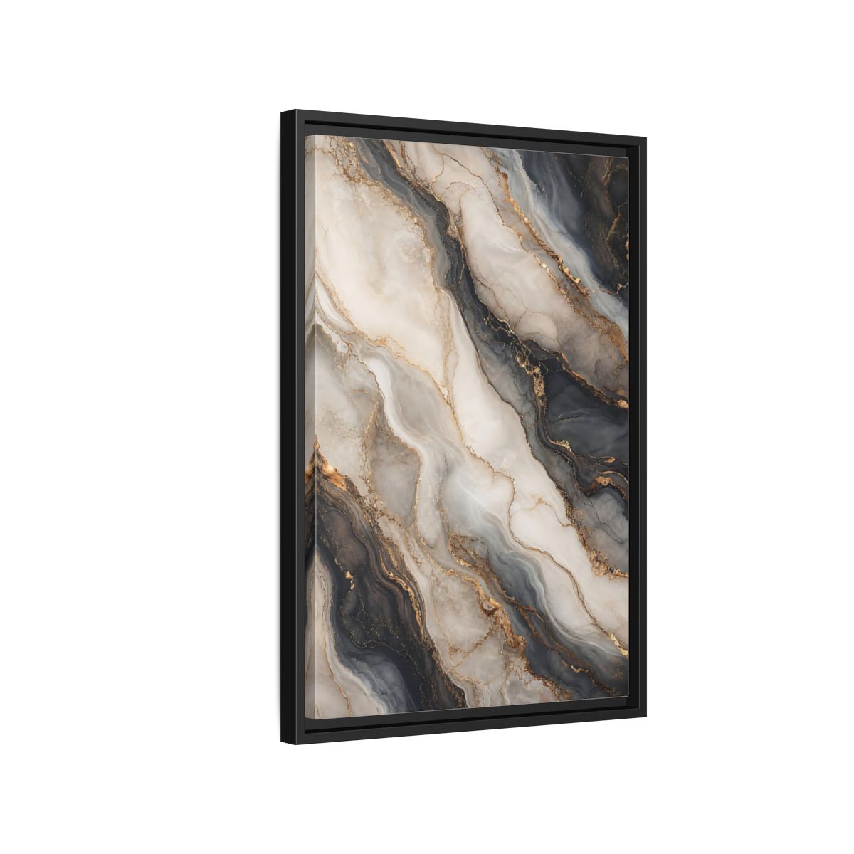 Side Mockup 3. Abstract Marble Texture Grey White Gold shown as stretched canvas wall art