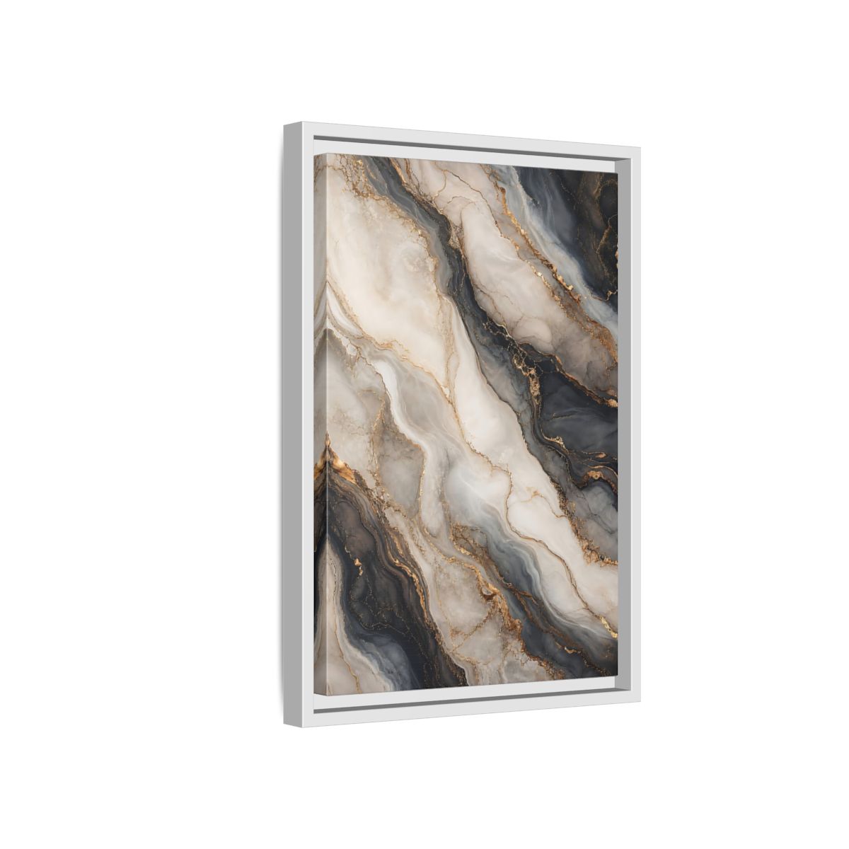 Side Mockup 4. Abstract Marble Texture Grey White Gold shown as stretched canvas wall art