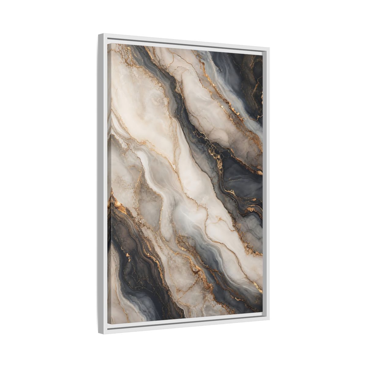 Side Mockup 10. Abstract Marble Texture Grey White Gold shown as stretched canvas wall art
