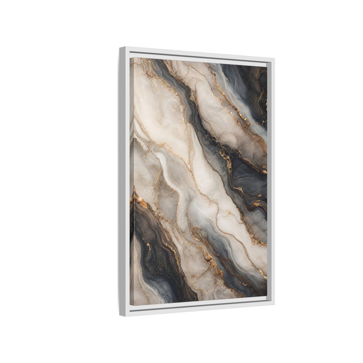 Side Mockup 1. Abstract Marble Texture Grey White Gold shown as stretched canvas wall art