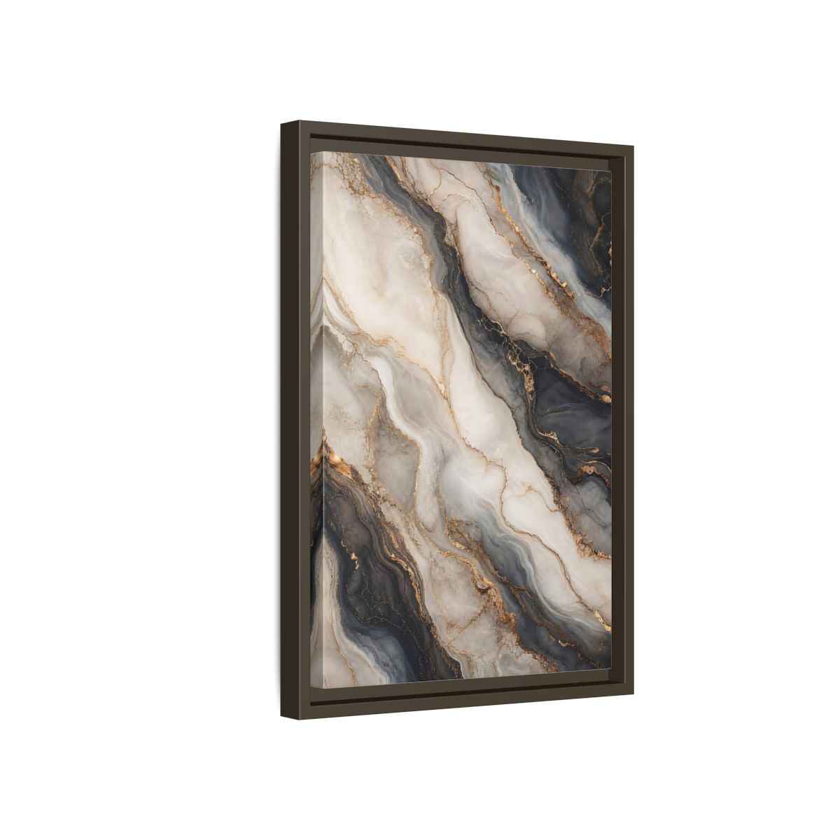 Side Mockup 5. Abstract Marble Texture Grey White Gold shown as stretched canvas wall art