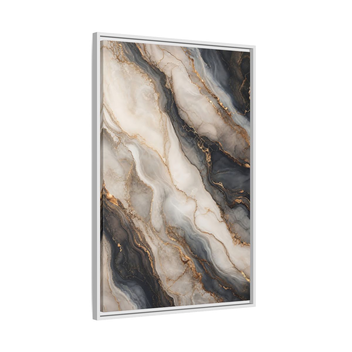 Side Mockup 9. Abstract Marble Texture Grey White Gold shown as stretched canvas wall art