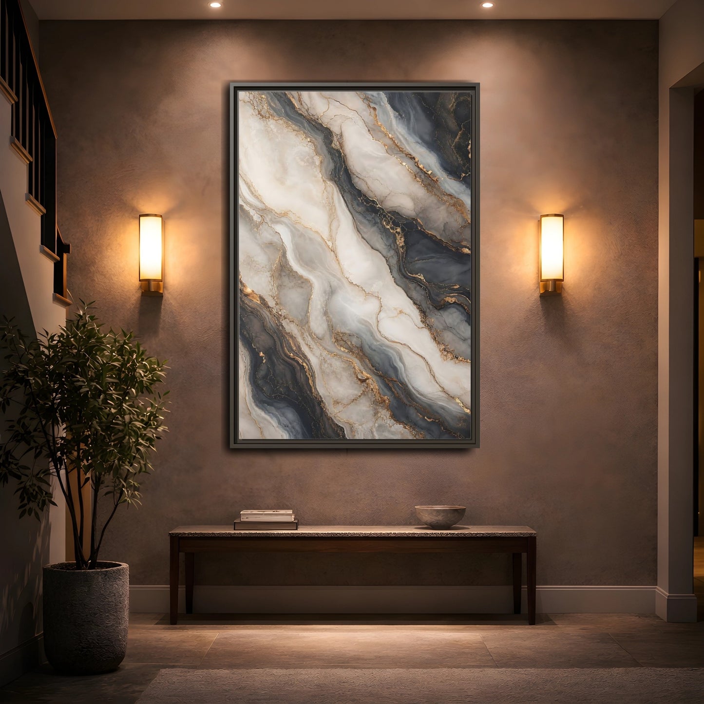 Mockup 2. Abstract Marble Texture Grey White Gold shown as stretched canvas wall art