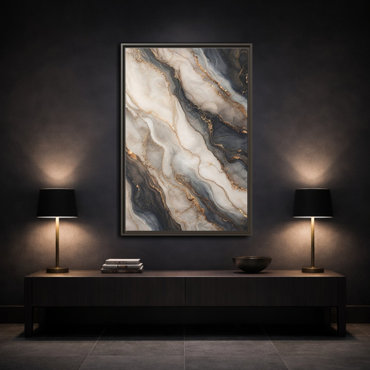 Mockup 3. Abstract Marble Texture Grey White Gold shown as stretched canvas wall art