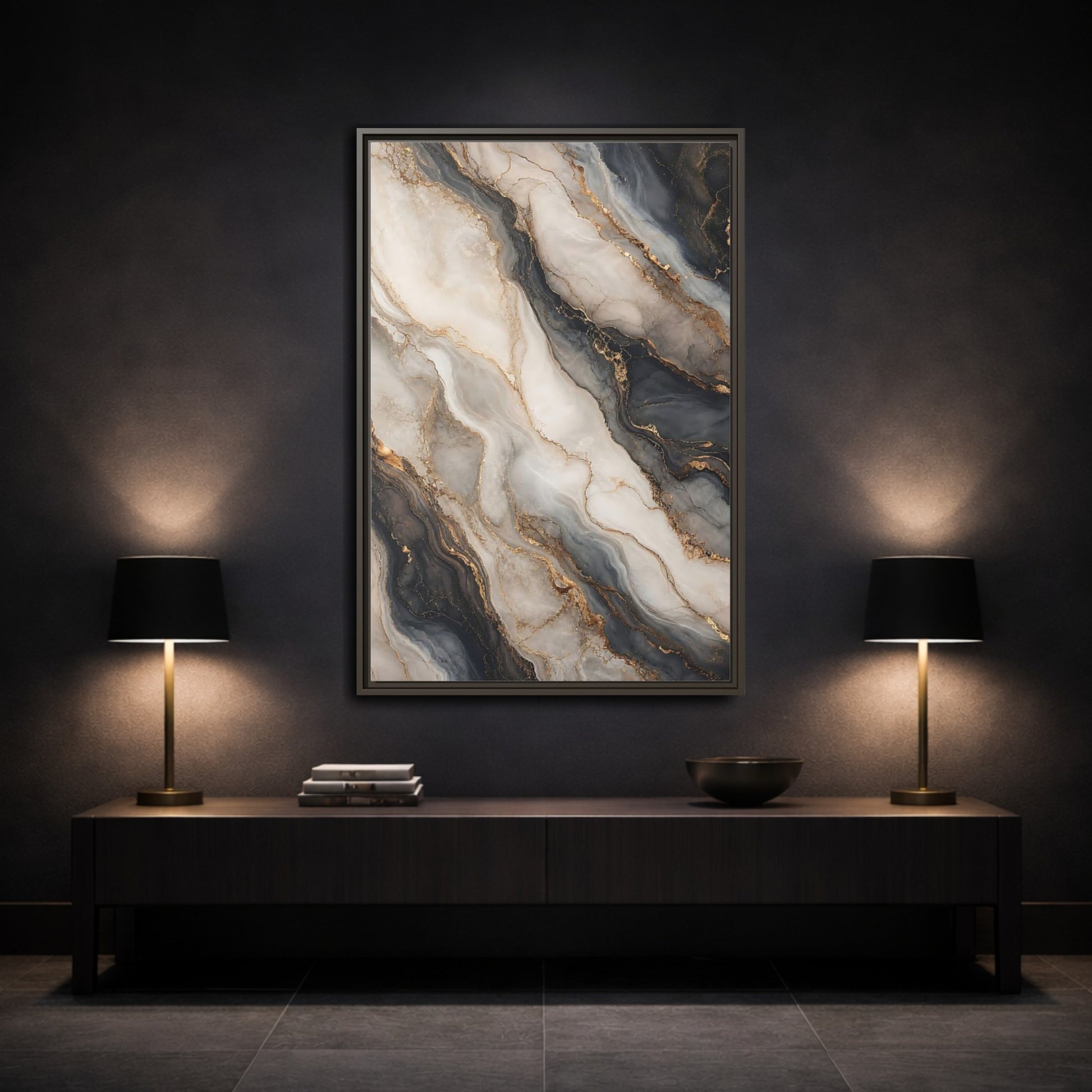 Mockup 3. Abstract Marble Texture Grey White Gold shown as stretched canvas wall art