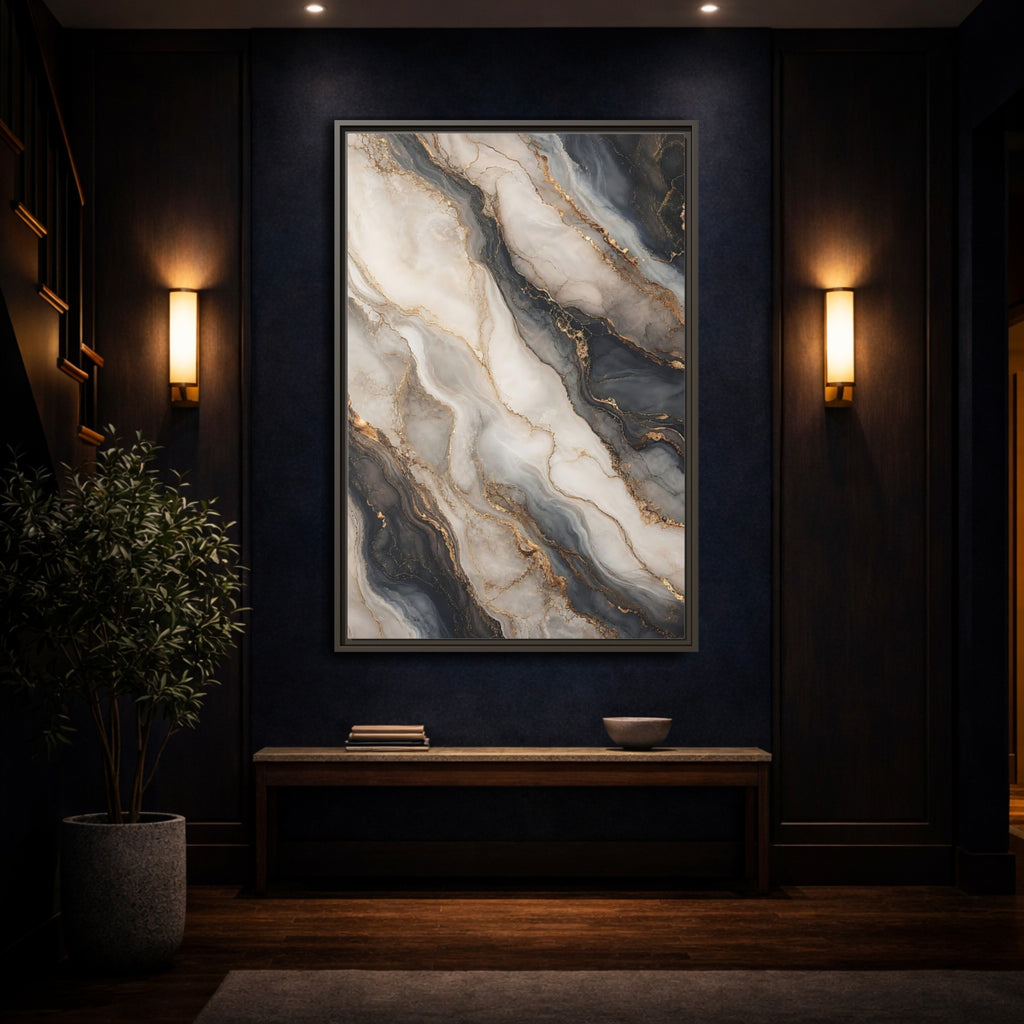 Mockup 4. Abstract Marble Texture Grey White Gold shown as stretched canvas wall art