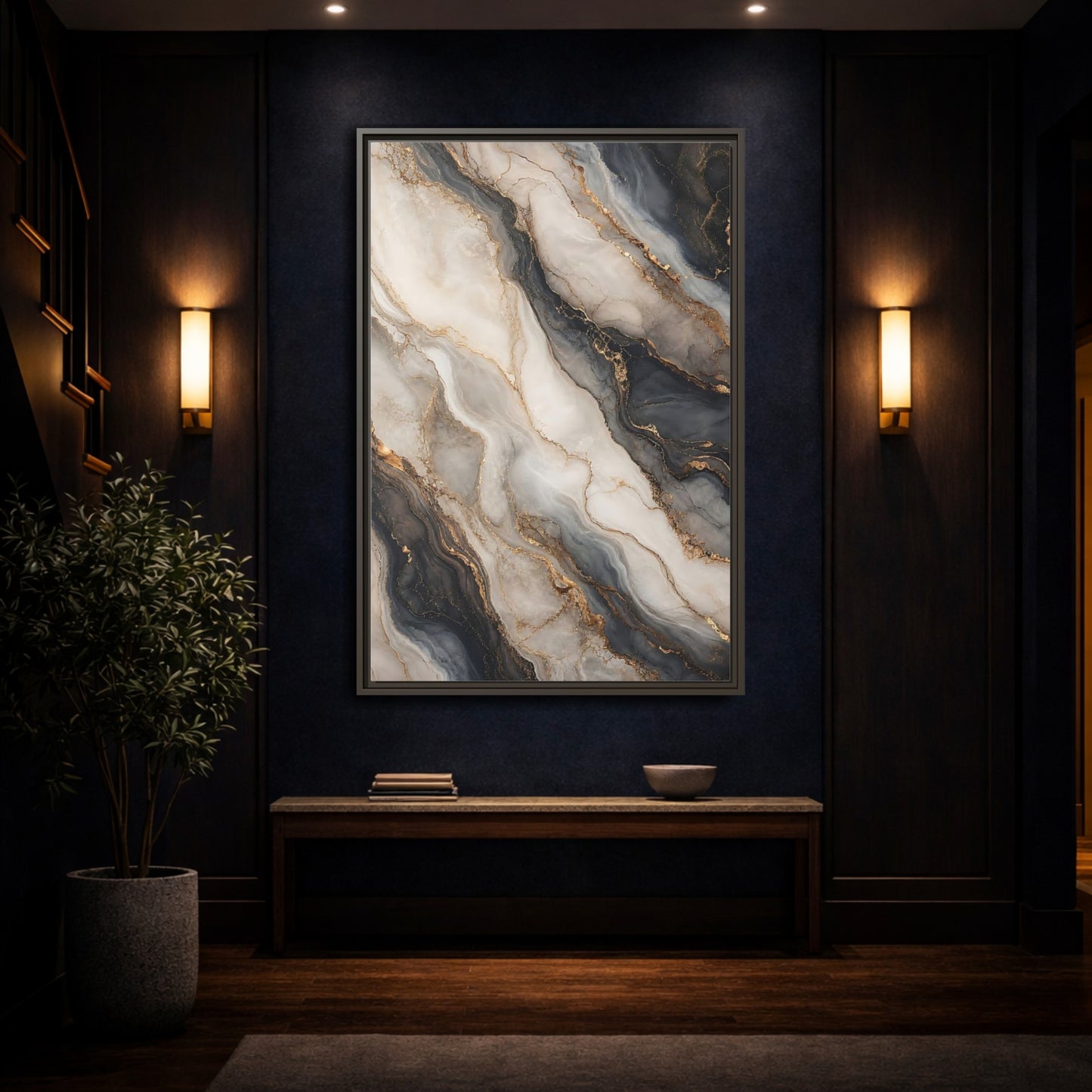Mockup 4. Abstract Marble Texture Grey White Gold shown as stretched canvas wall art