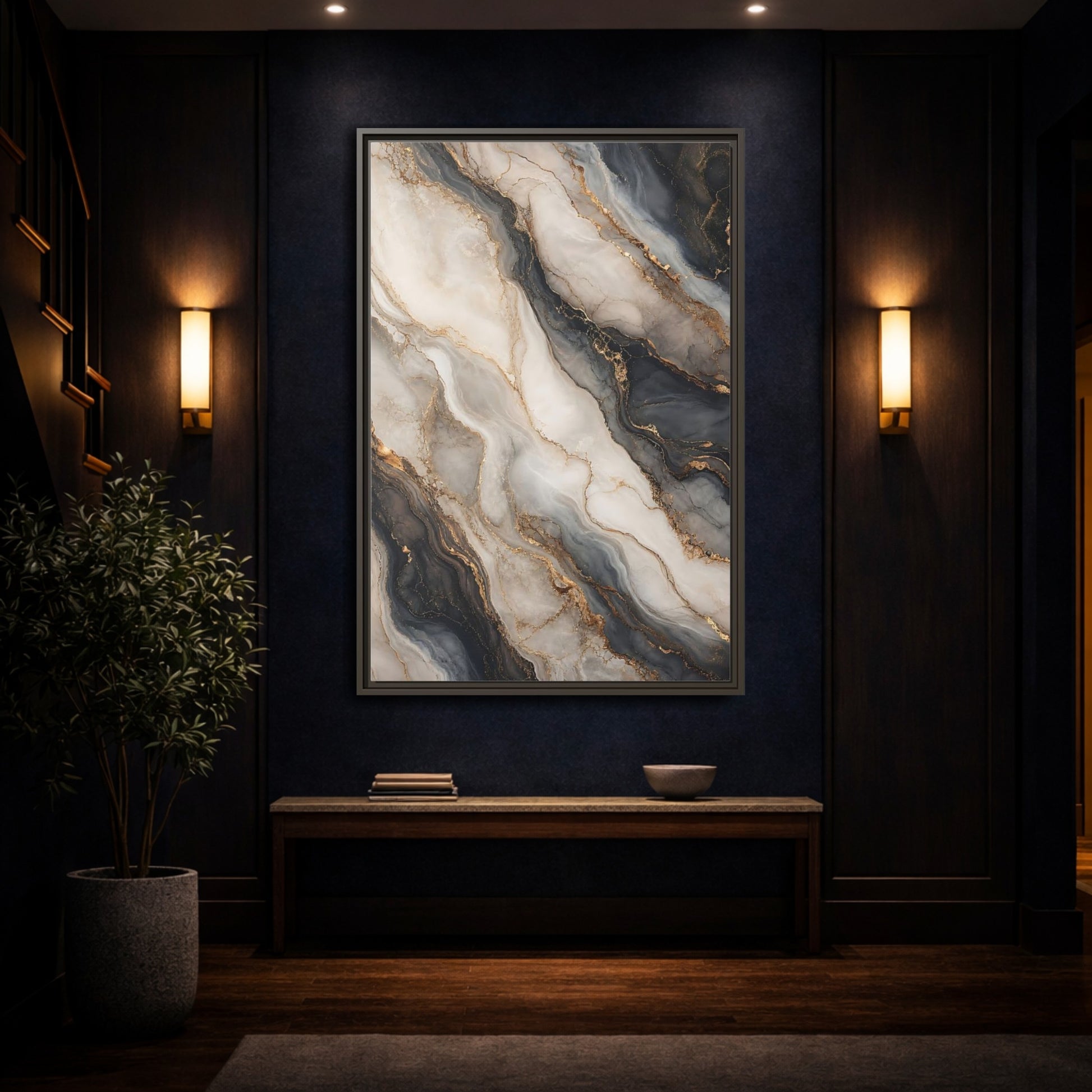Mockup 4. Abstract Marble Texture Grey White Gold shown as stretched canvas wall art