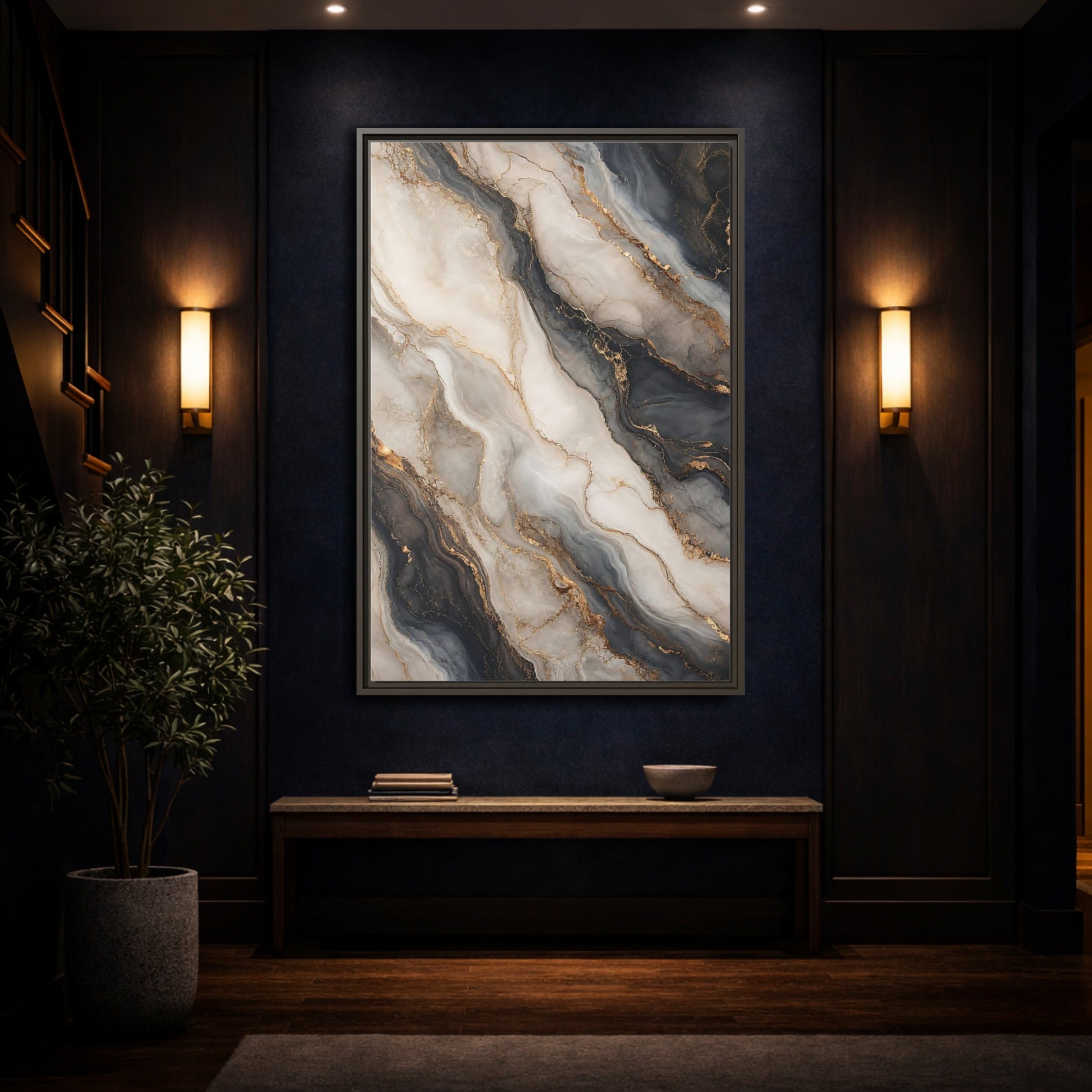 Mockup 4. Abstract Marble Texture Grey White Gold shown as stretched canvas wall art