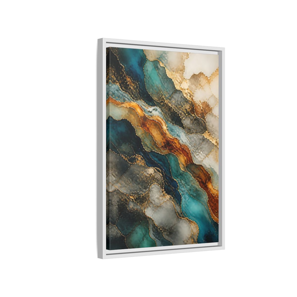 Side Mockup 1. Abstract Marble Texture Teal Gold Marble shown as stretched canvas wall art