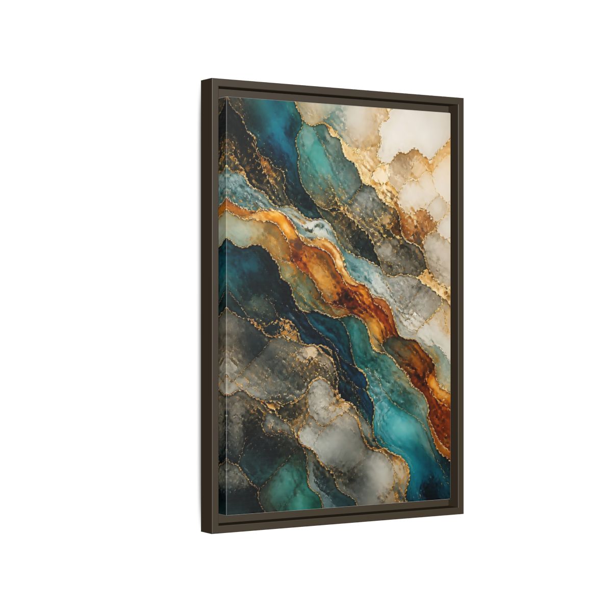 Side Mockup 2. Abstract Marble Texture Teal Gold Marble shown as stretched canvas wall art