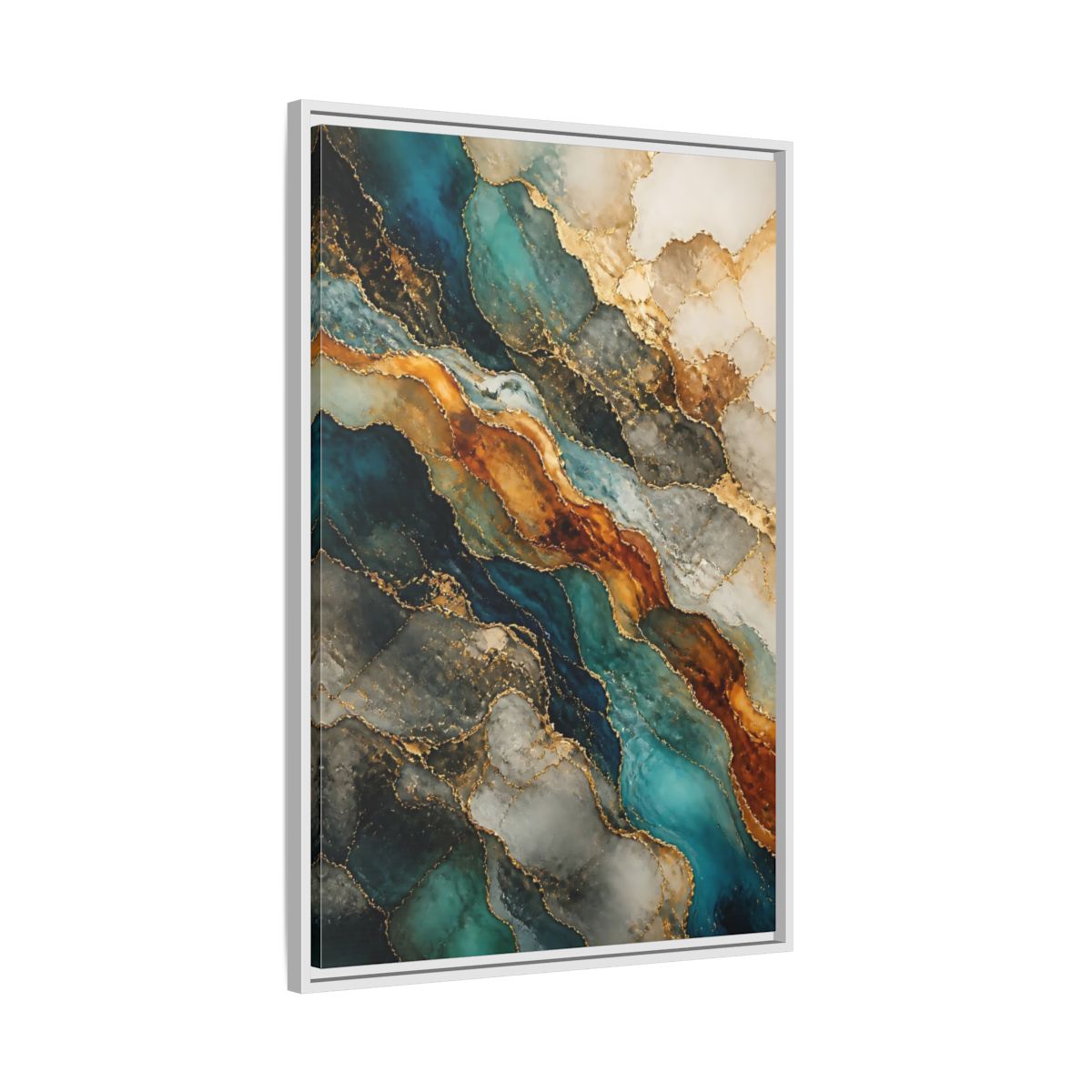 Side Mockup 9. Abstract Marble Texture Teal Gold Marble shown as stretched canvas wall art
