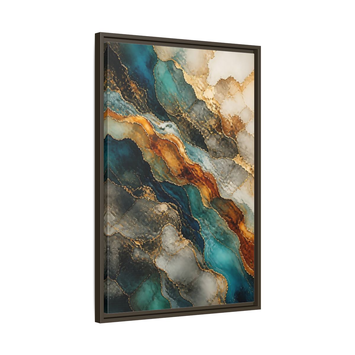 Side Mockup 11. Abstract Marble Texture Teal Gold Marble shown as stretched canvas wall art