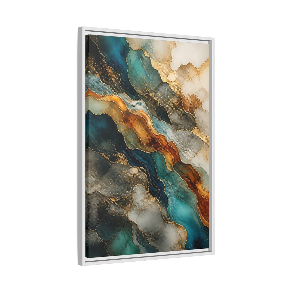 Side Mockup 10. Abstract Marble Texture Teal Gold Marble shown as stretched canvas wall art