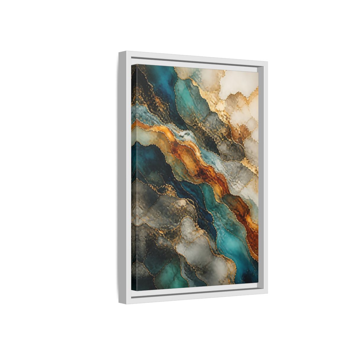 Side Mockup 4. Abstract Marble Texture Teal Gold Marble shown as stretched canvas wall art