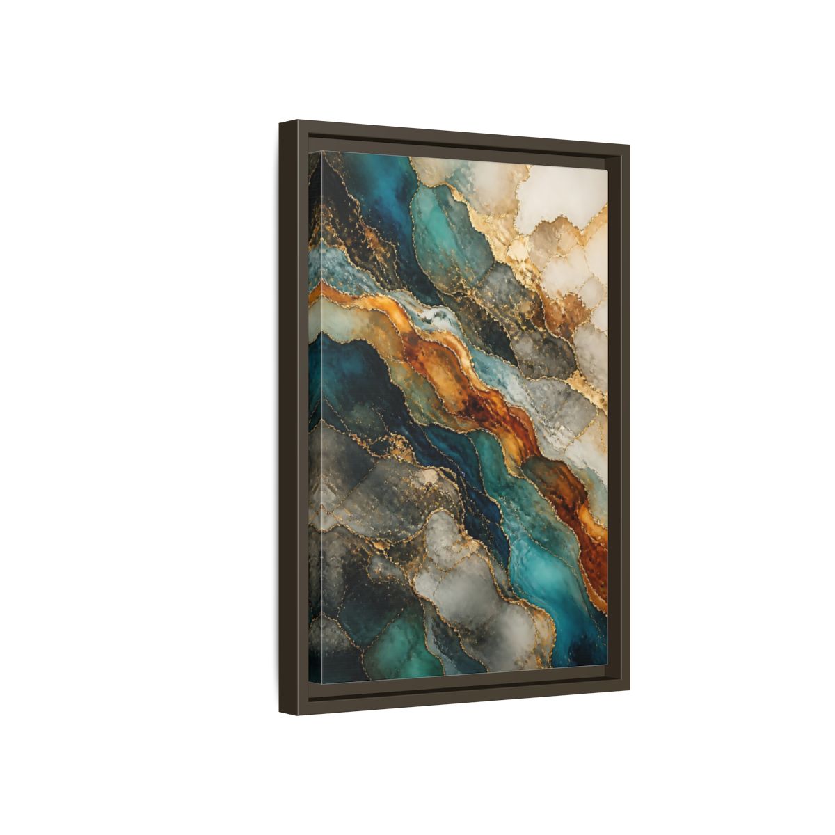 Side Mockup 5. Abstract Marble Texture Teal Gold Marble shown as stretched canvas wall art