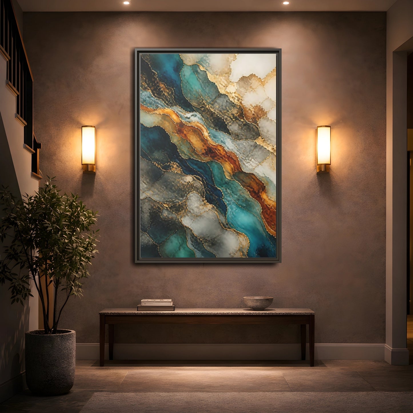 Mockup 2. Abstract Marble Texture Teal Gold Marble shown as stretched canvas wall art