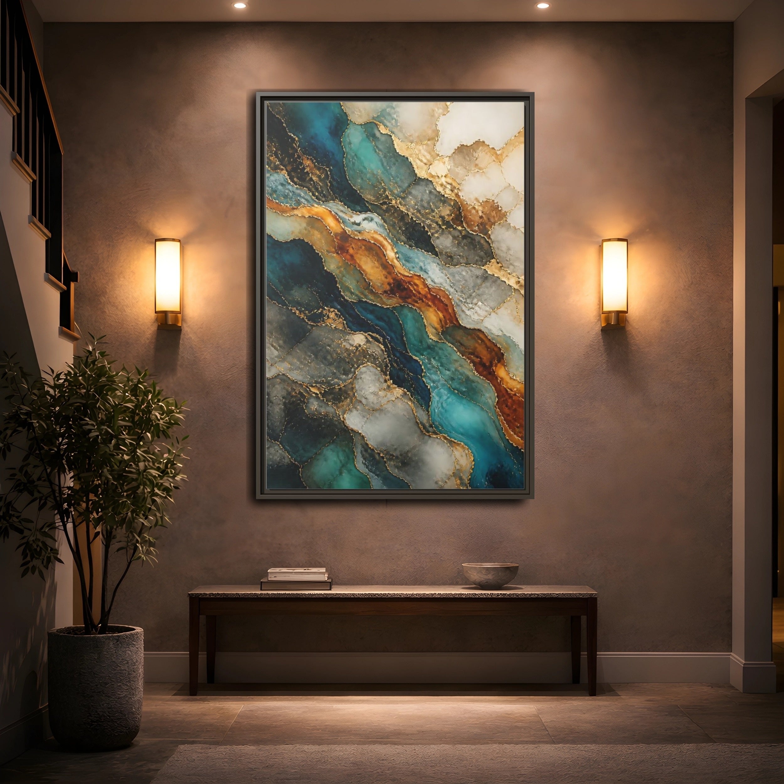 Mockup 2. Abstract Marble Texture Teal Gold Marble shown as stretched canvas wall art