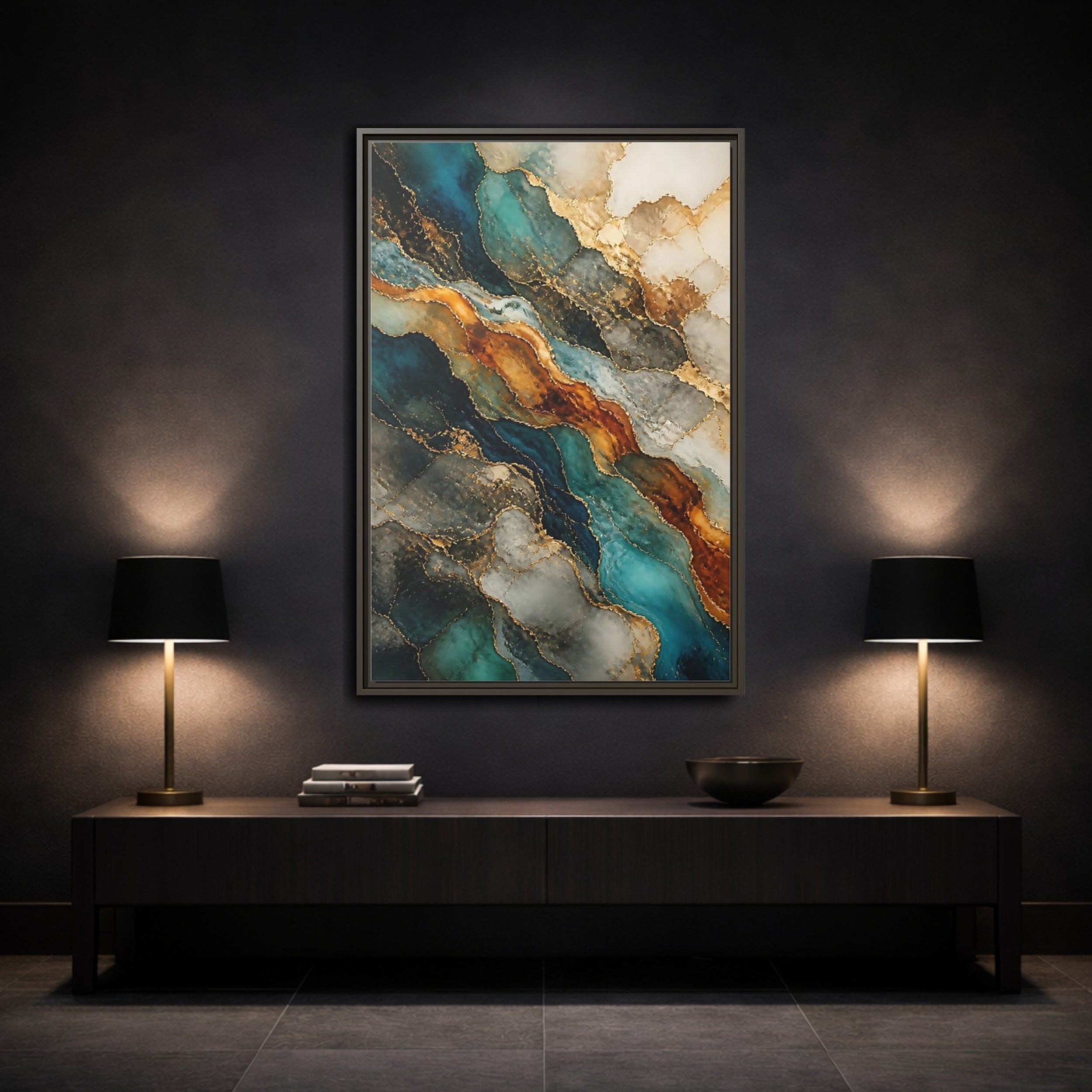 Mockup 3. Abstract Marble Texture Teal Gold Marble shown as stretched canvas wall art