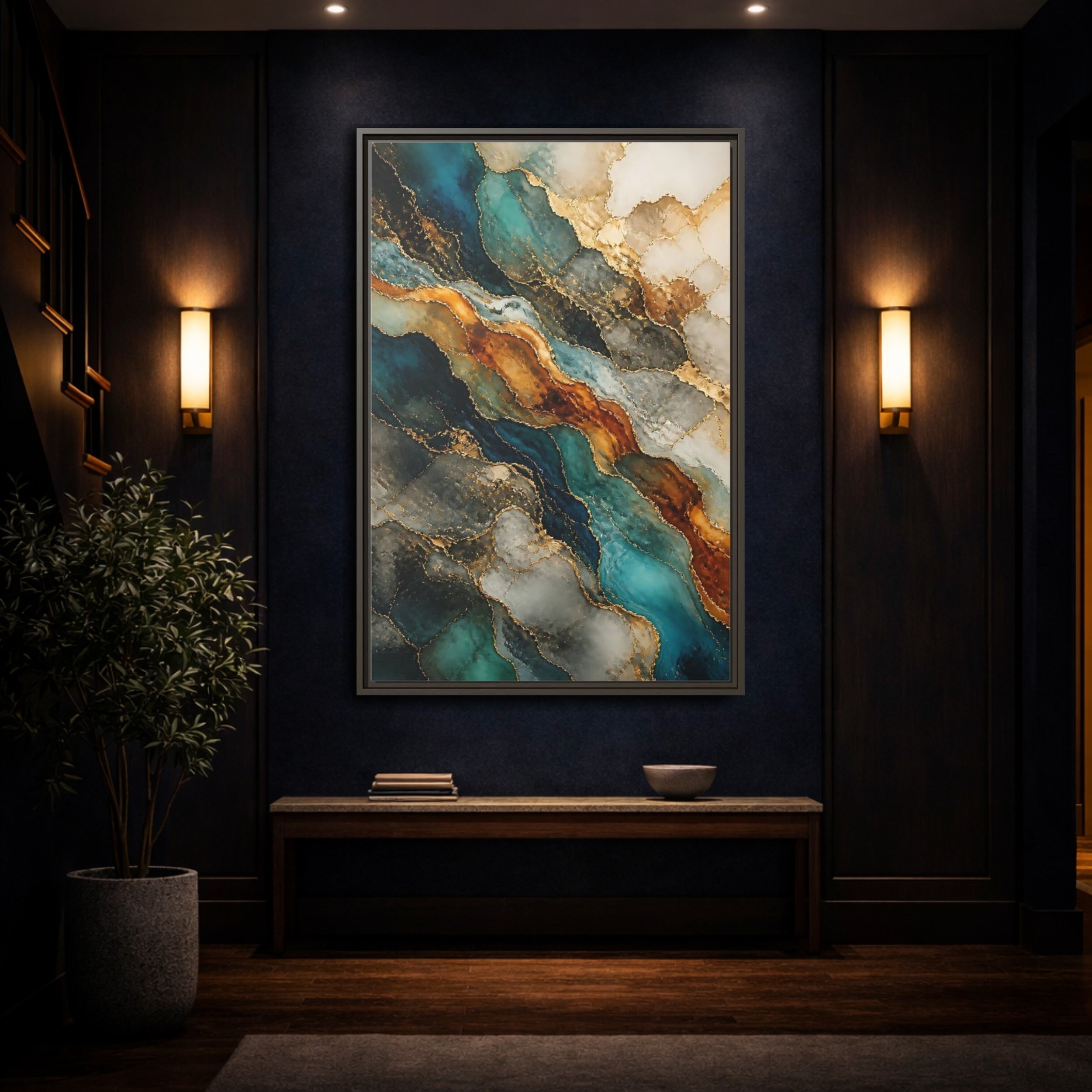 Mockup 4. Abstract Marble Texture Teal Gold Marble shown as stretched canvas wall art
