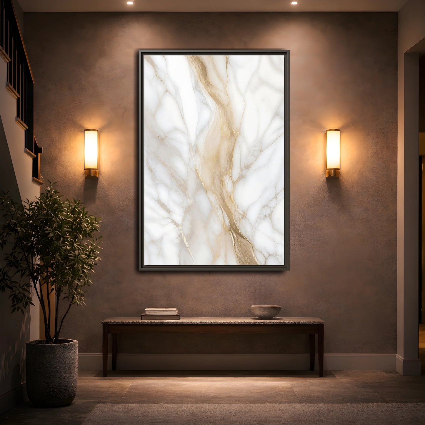 Mockup 2. Abstract Marble Texture White Gold Marble shown as stretched canvas wall art