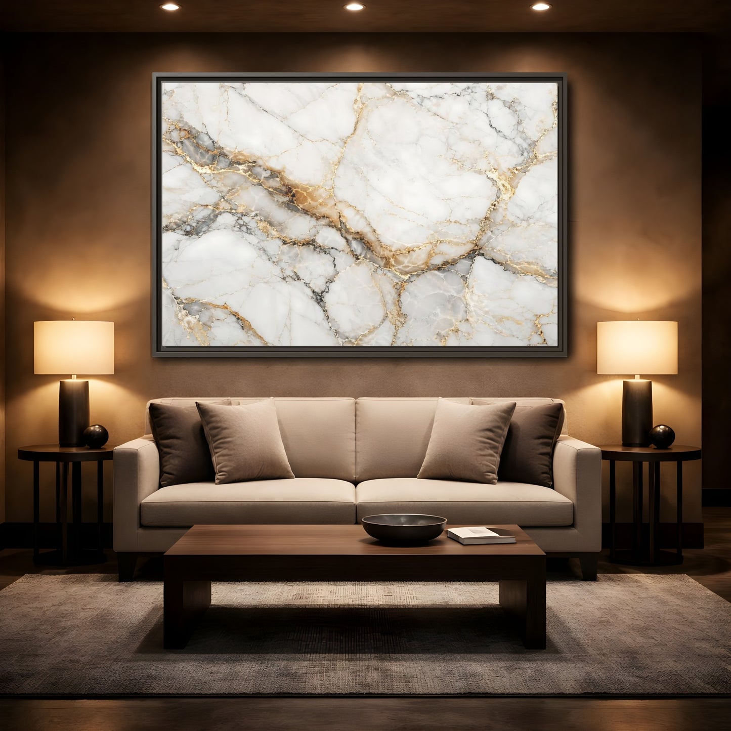 Mockup 2. Abstract Marble Texture White Gold Marble shown as stretched canvas wall art