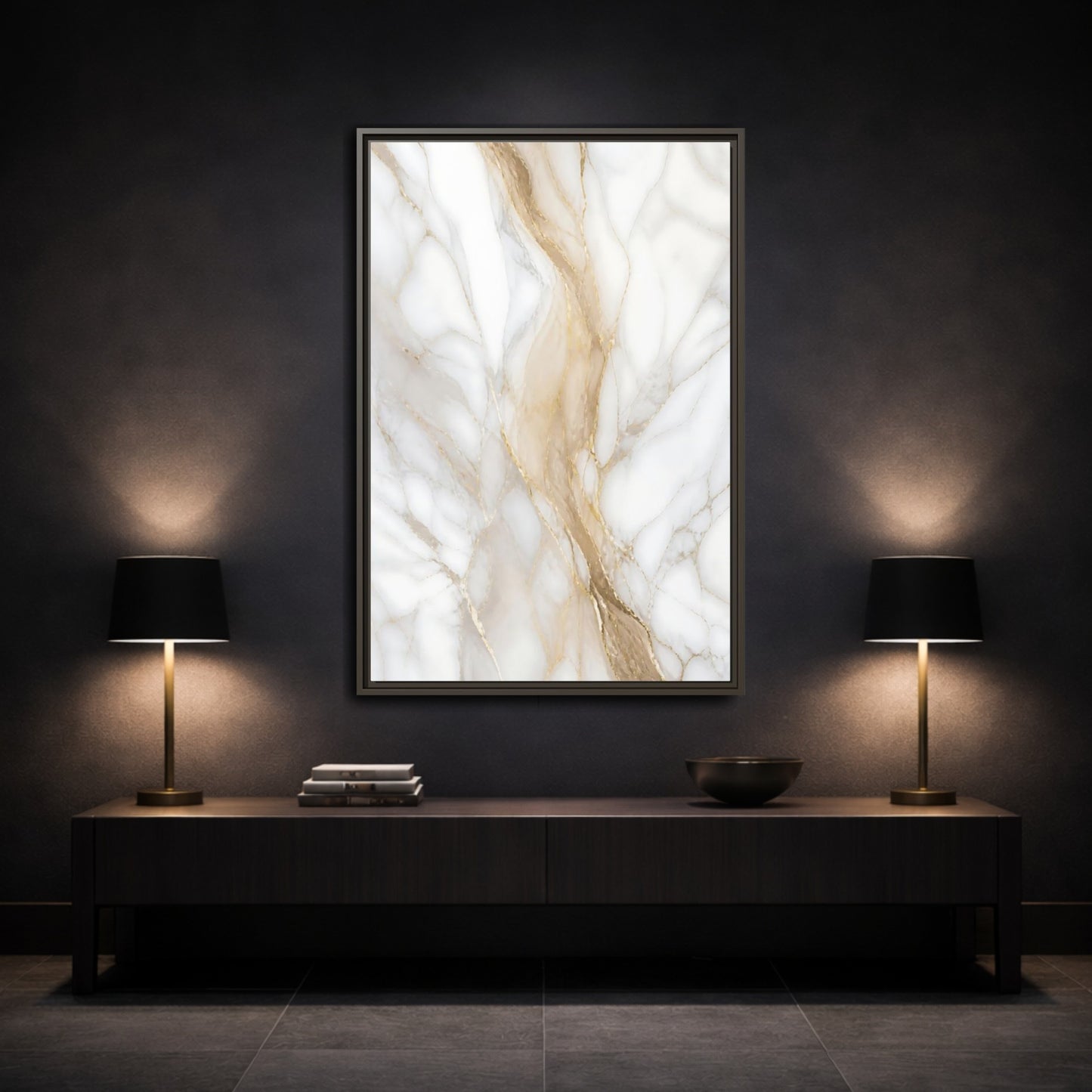 Mockup 3. Abstract Marble Texture White Gold Marble shown as stretched canvas wall art