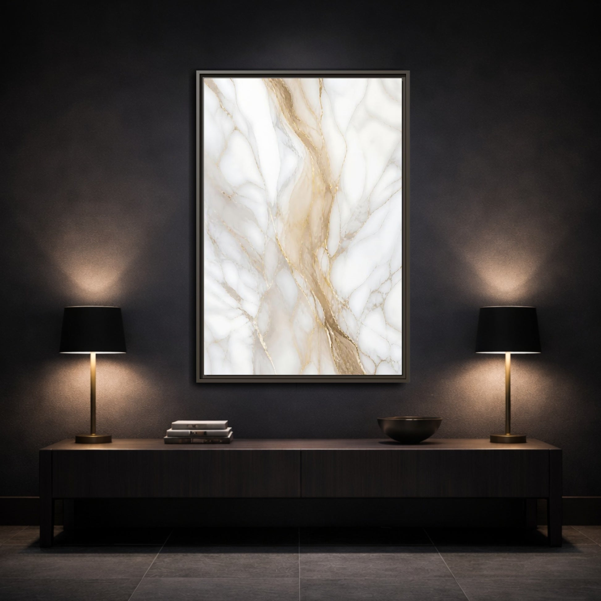Mockup 3. Abstract Marble Texture White Gold Marble shown as stretched canvas wall art