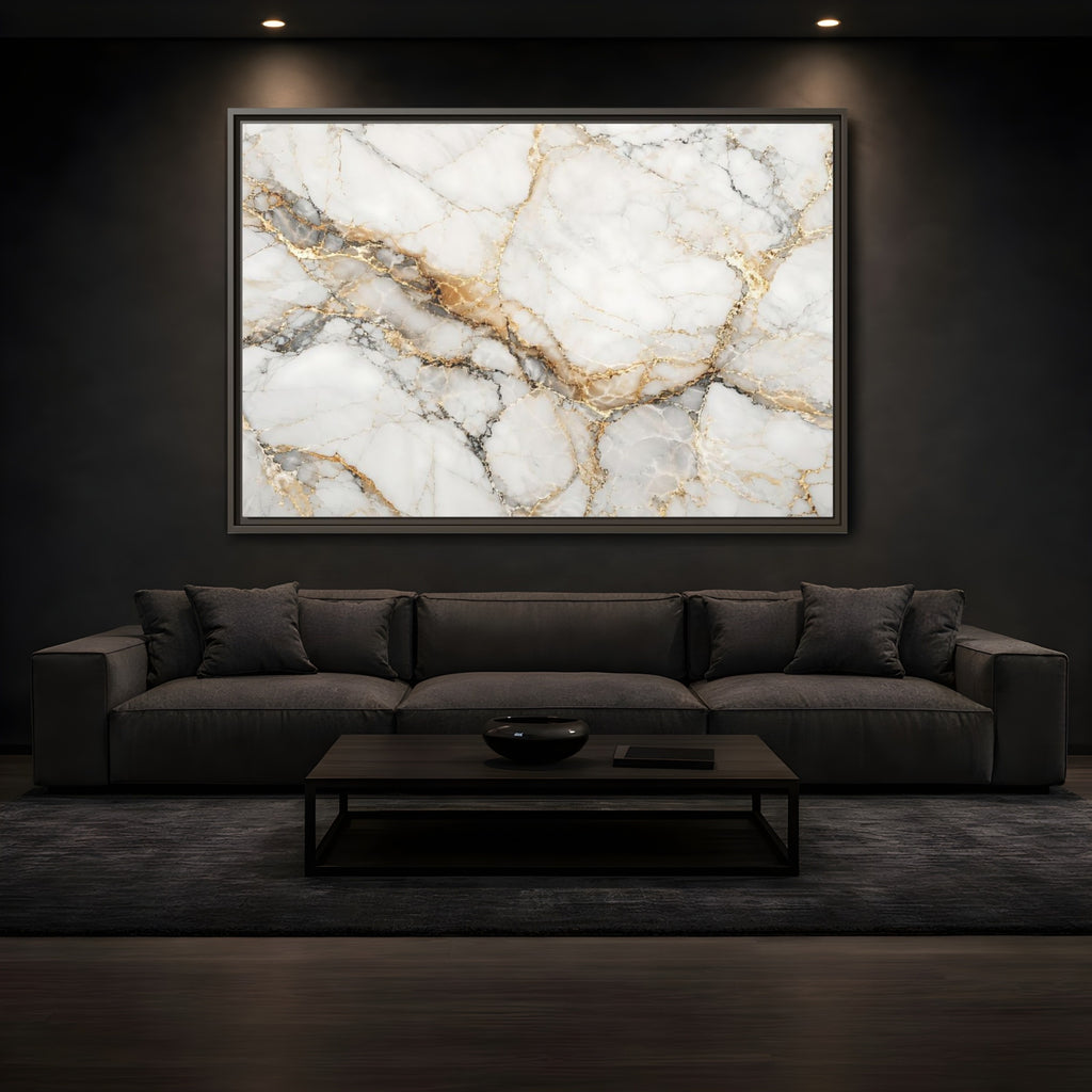 Mockup 3. Abstract Marble Texture White Gold Marble shown as stretched canvas wall art