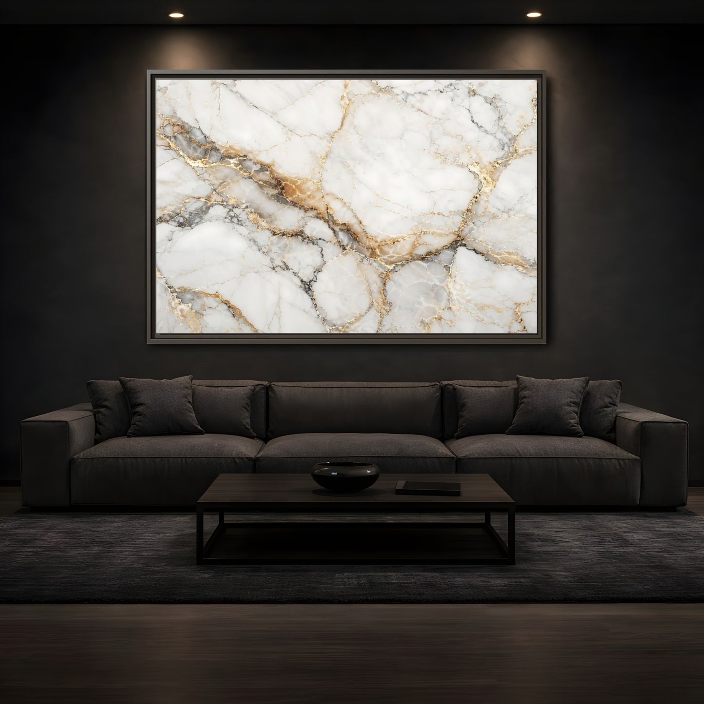Mockup 3. Abstract Marble Texture White Gold Marble shown as stretched canvas wall art