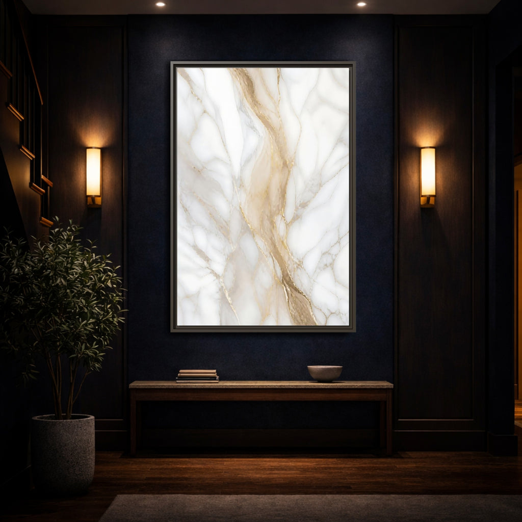 Mockup 4. Abstract Marble Texture White Gold Marble shown as stretched canvas wall art