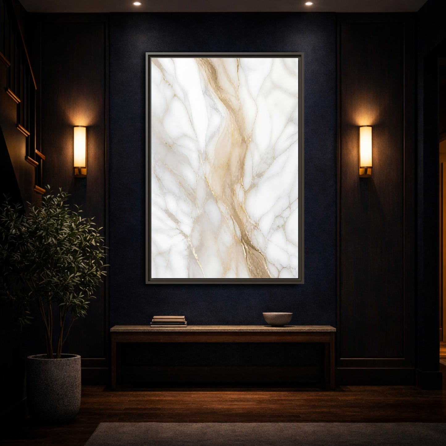 Mockup 4. Abstract Marble Texture White Gold Marble shown as stretched canvas wall art