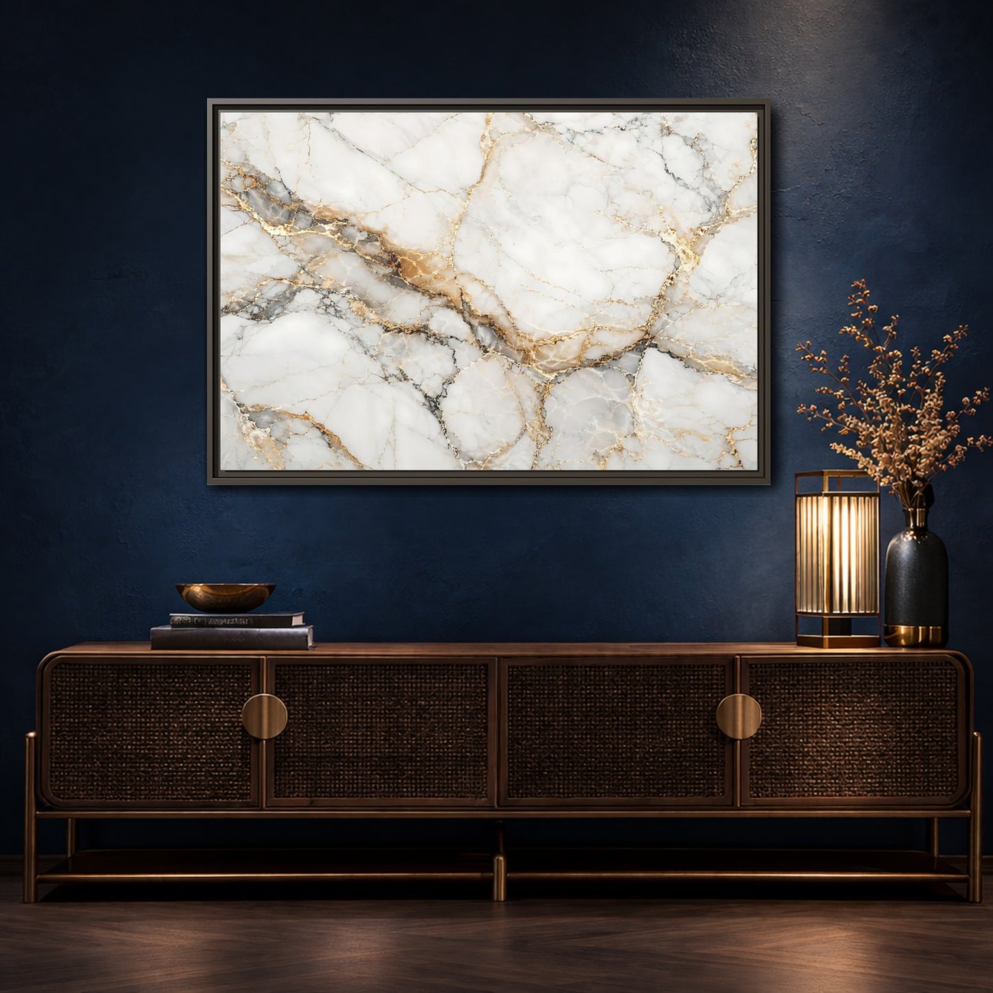 Mockup 4. Abstract Marble Texture White Gold Marble shown as stretched canvas wall art