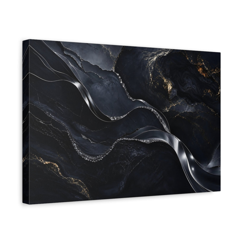 Side Mockup 4. Abstract Marble Veins Black And Gold shown as stretched canvas wall art
